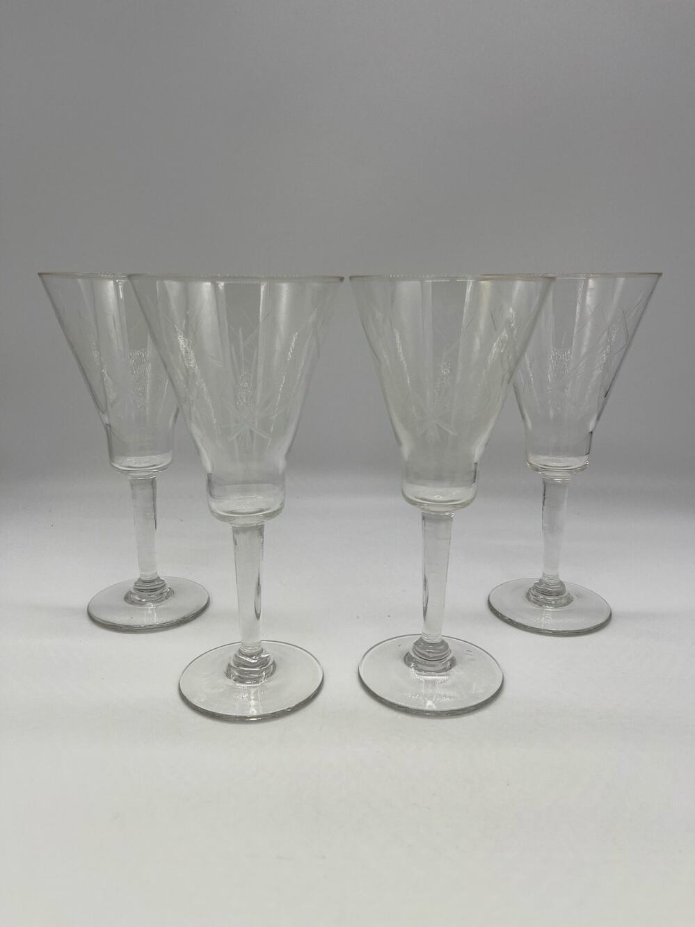 Vintage Atomic MCM Set of 4 Etched Stemware Glasses 6.75” Tall